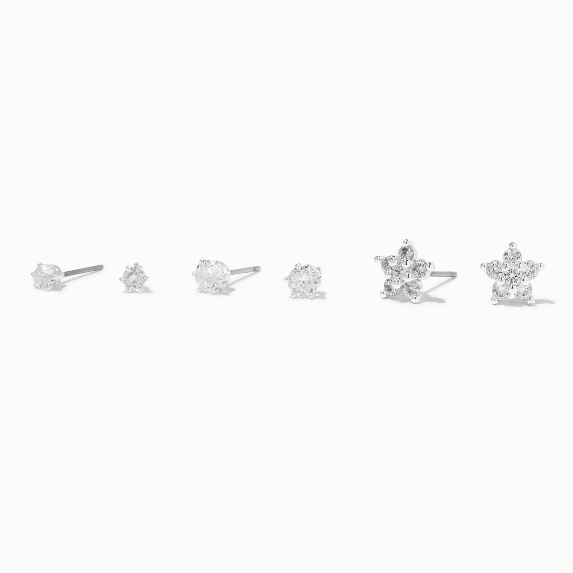 View Claires Tone Cubic Zirconia Flower Stud Earrings 3 Pack Silver information