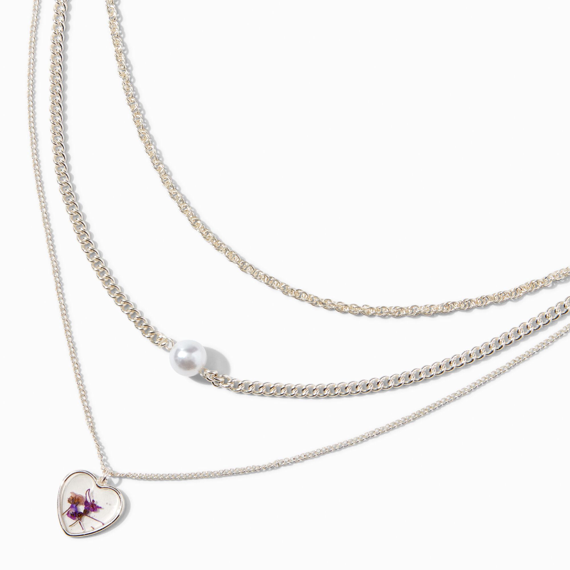 View Claires Resin Heart Pearl Pendant SilverTone MultiStrand Necklace Purple information