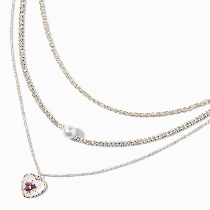 Purple Resin Heart Pearl Pendant Silver-tone Multi-Strand Necklace,