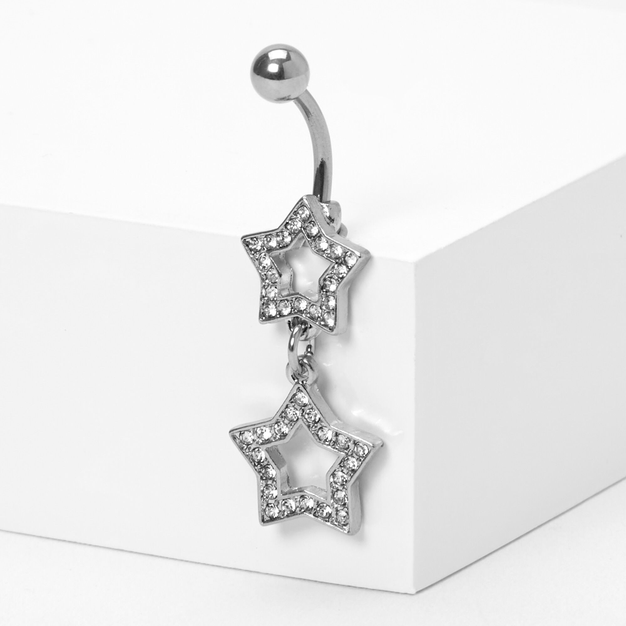 Silver 14G Crystal Stars Dangle Belly Ring