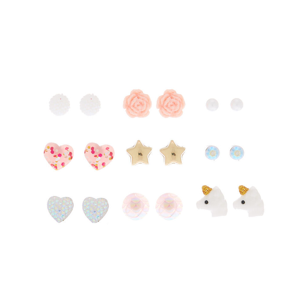 Sweet Sparkling Stud Earrings Pink 9 Pack
