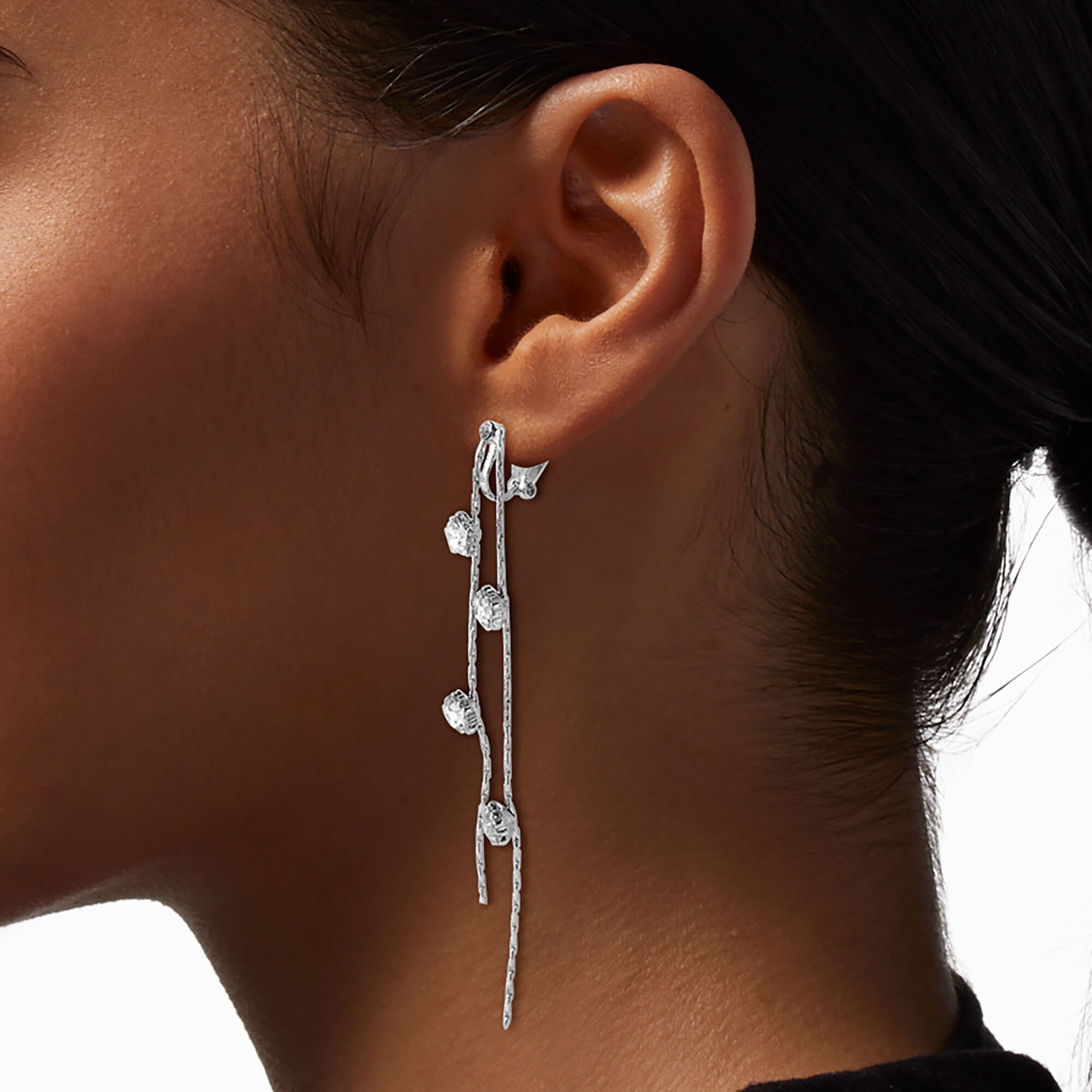 Silver-tone Star Linear 3" Clip-On Drop Earrings,