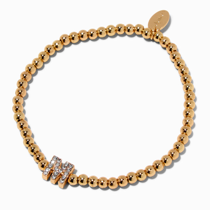 Gold-tone Beaded Pav&eacute; Initial Stretch Bracelet - M,