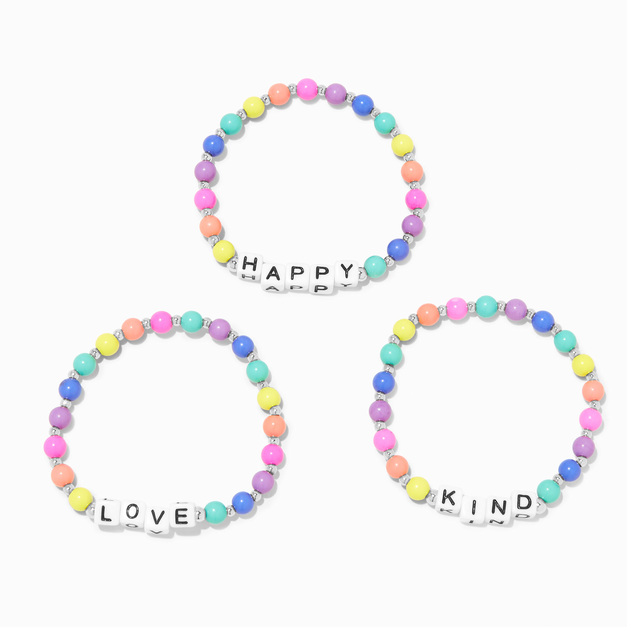 View Claires Club Bead Word Stretch Bracelets 3 Pack Rainbow information