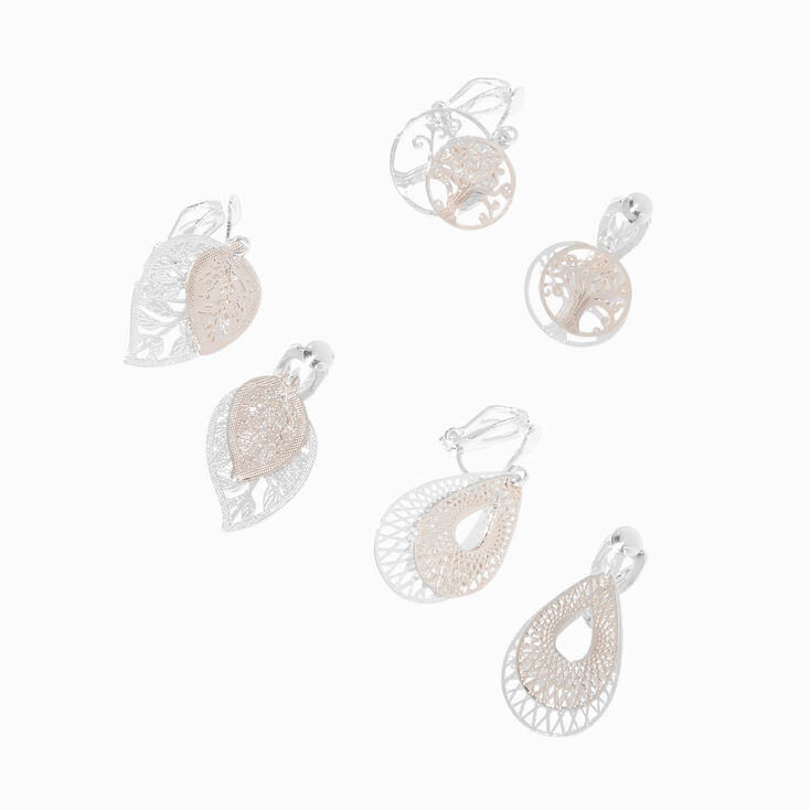Mixed Metal 1&quot; Filigree Leaf Clip on Drop Earrings - 3 Pack,