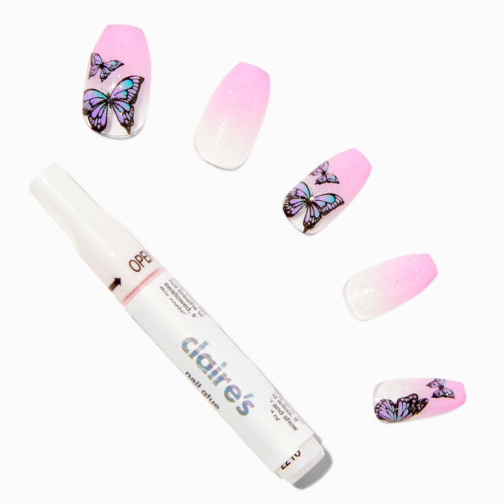 Butterfly Pink Ombre Glitter Coffin Vegan Faux Nail Set - 24 Pack,