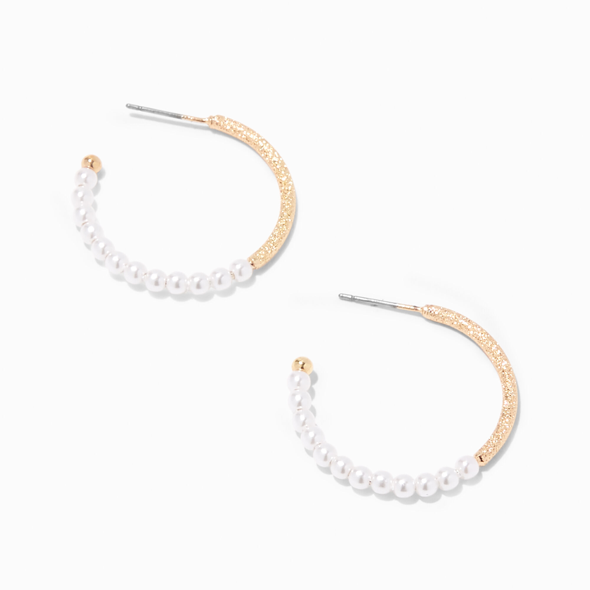 View Claires Tone Glitter Pearl 30MM Hoop Earrings Gold information