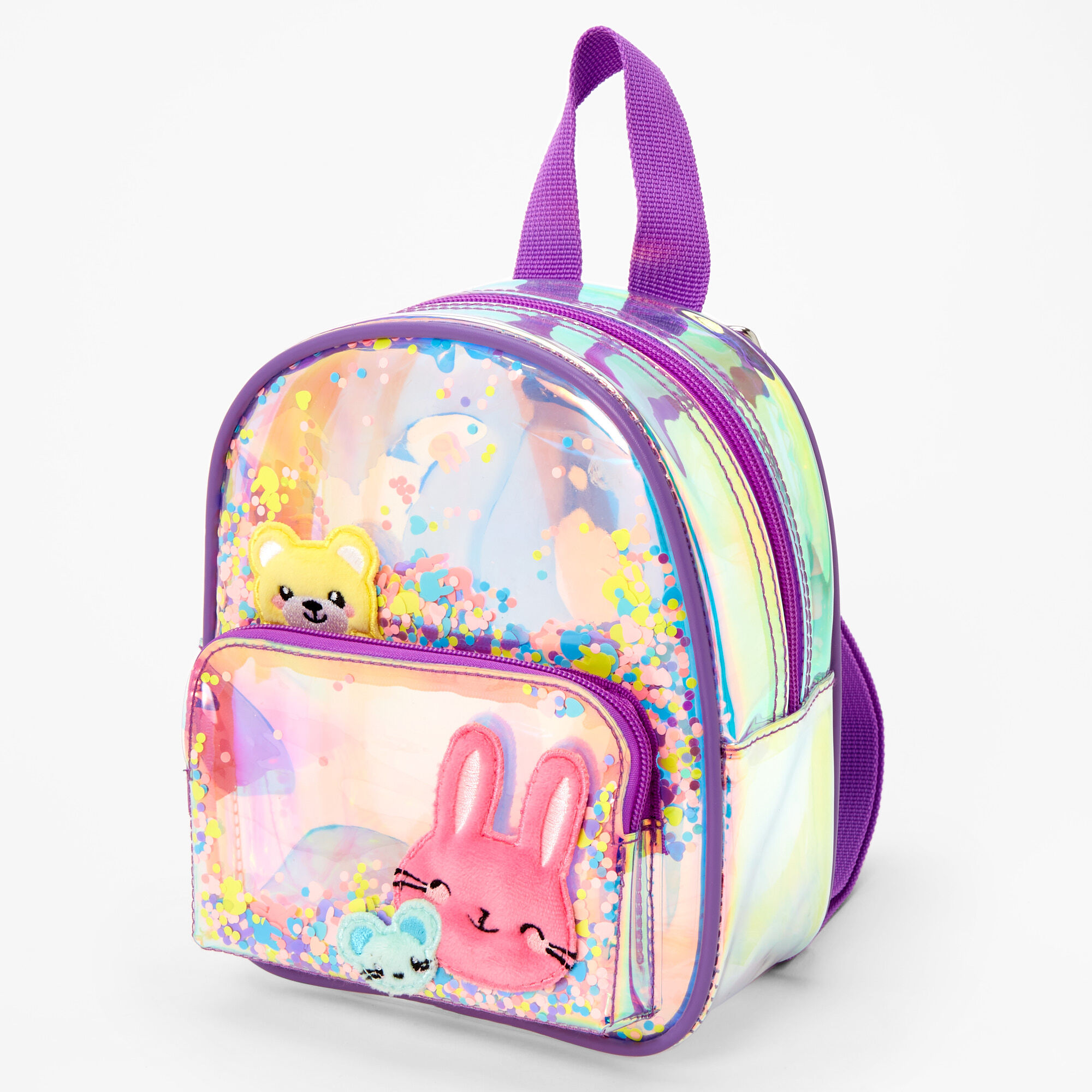 View Claires Club Transparent Confetti Animal Pals Mini Backpack Purple information