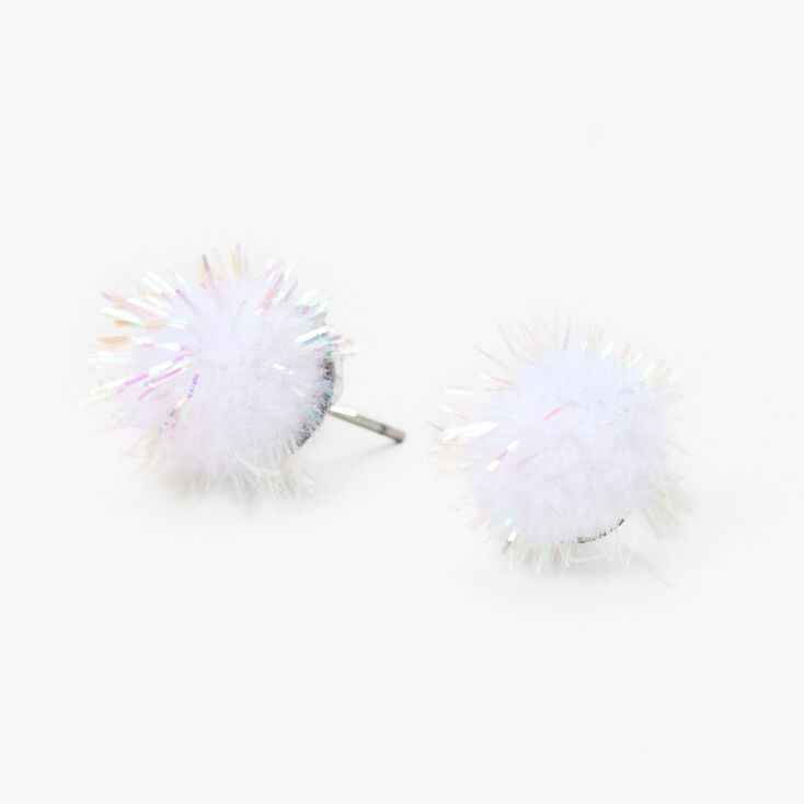 Silver Tinsel Pom Pom Stud Earrings - White,