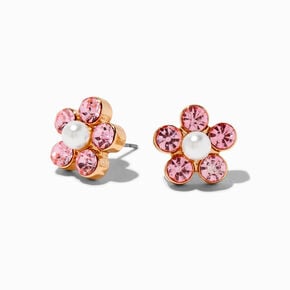 Pink Crystal Flower Cluster Stud Earrings,