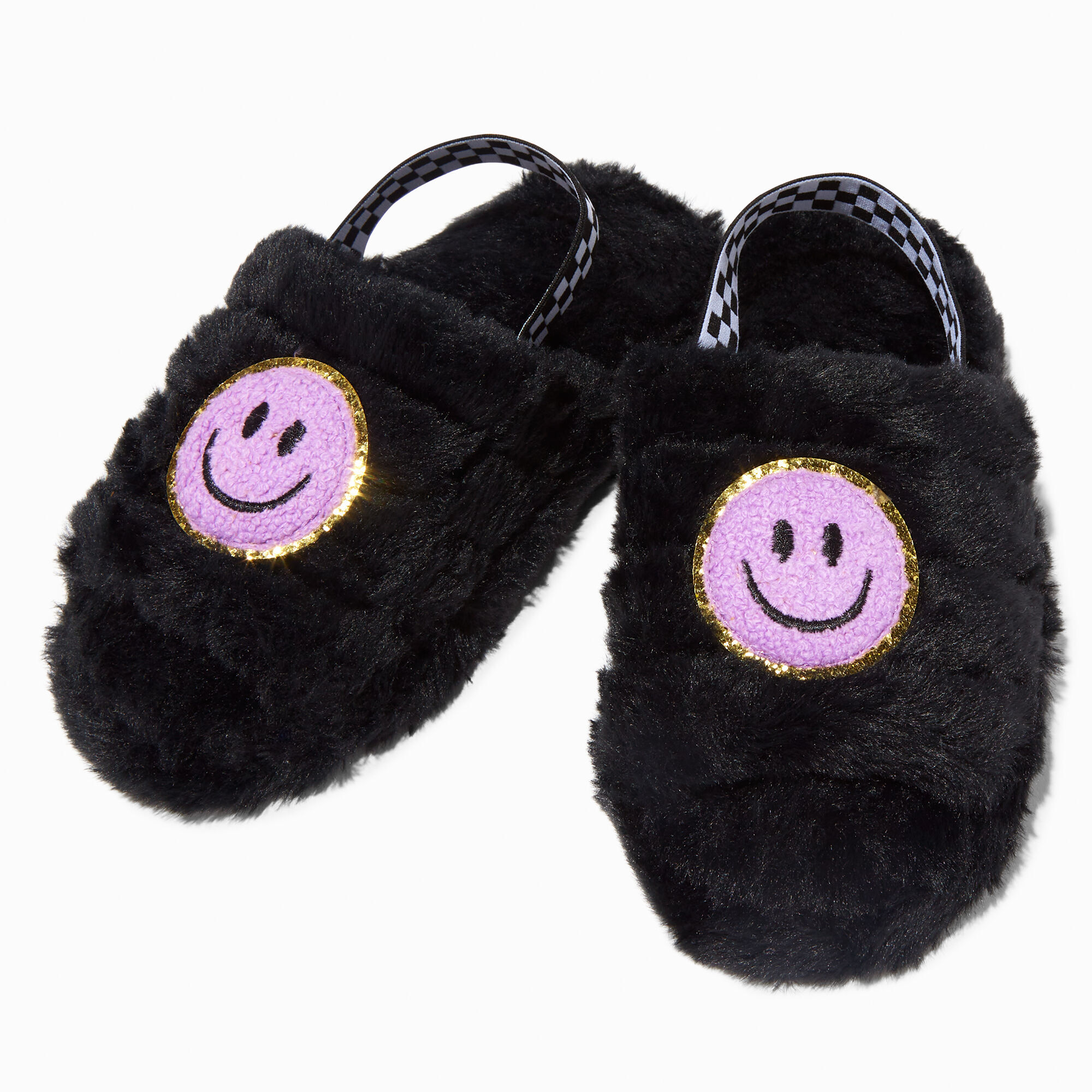 Happy Face Furry Black Slide Style Slippers Claire s