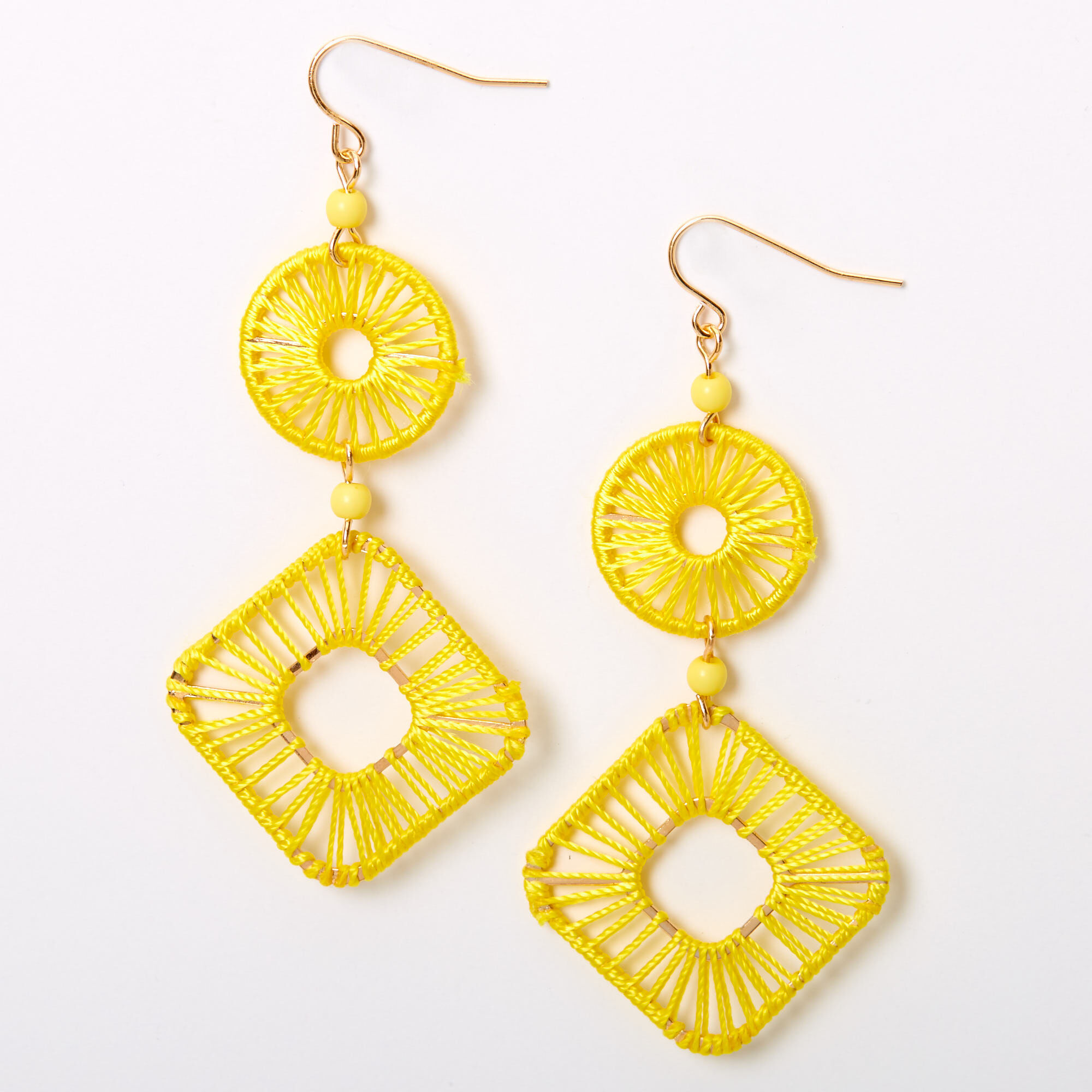 Gold 2.5" Threaded Geometric Drop Earrings - Yellow,