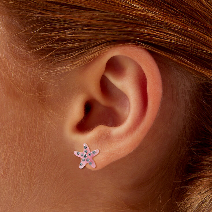 Crystal Studded Pink Starfish Stud Earrings,