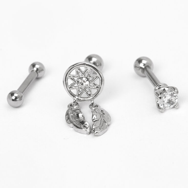 Boucles d&rsquo;oreilles pour piercing de cartilage attrape-r&ecirc;ves 1,2&nbsp;mm couleur argent&eacute;e - Lot de 3,