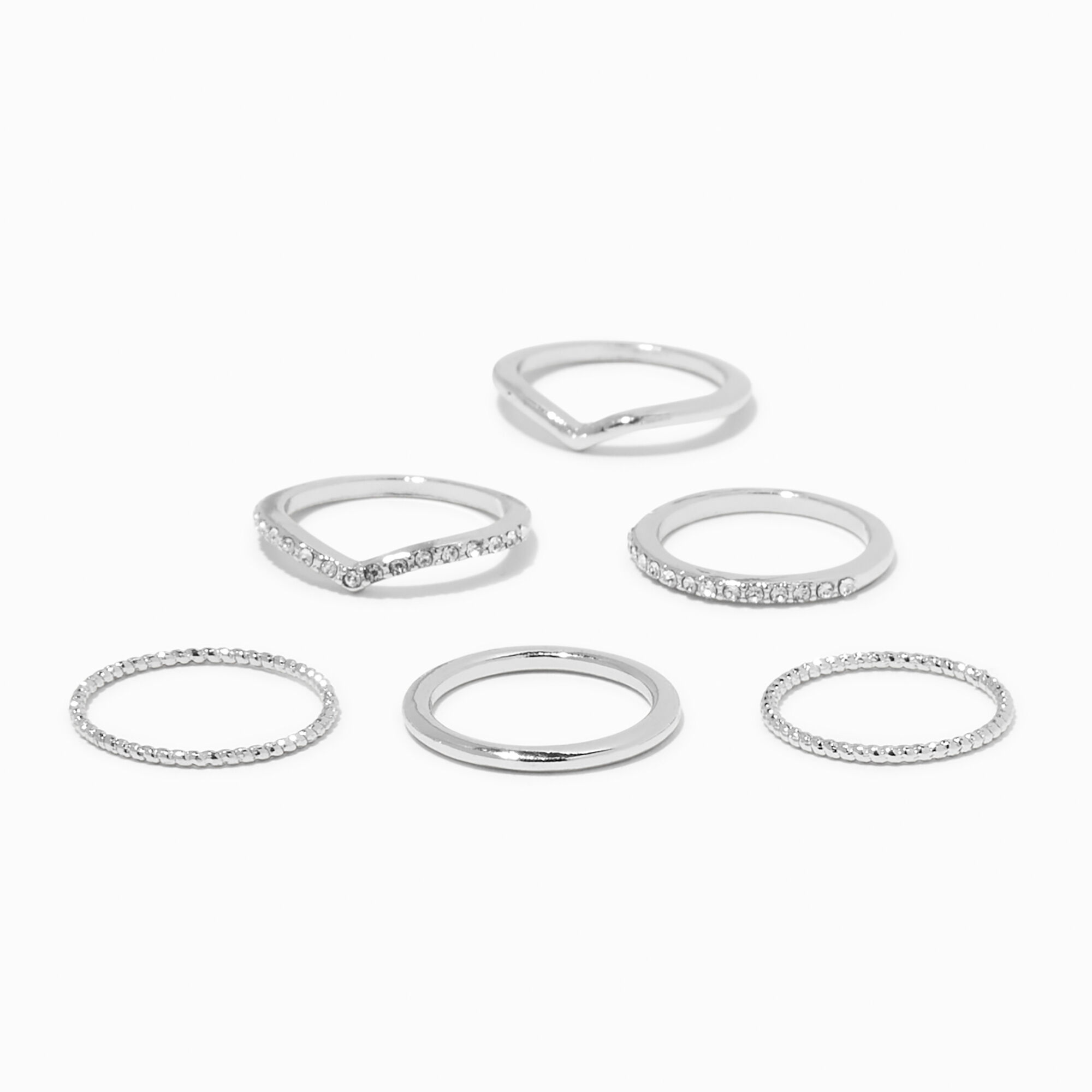View Claires Tone Delicate Geometric Rings 6 Pack Silver information
