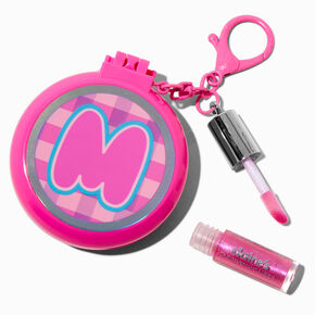Pink Plaid Initial Hair Brush &amp; Lip Gloss Keychain - M,