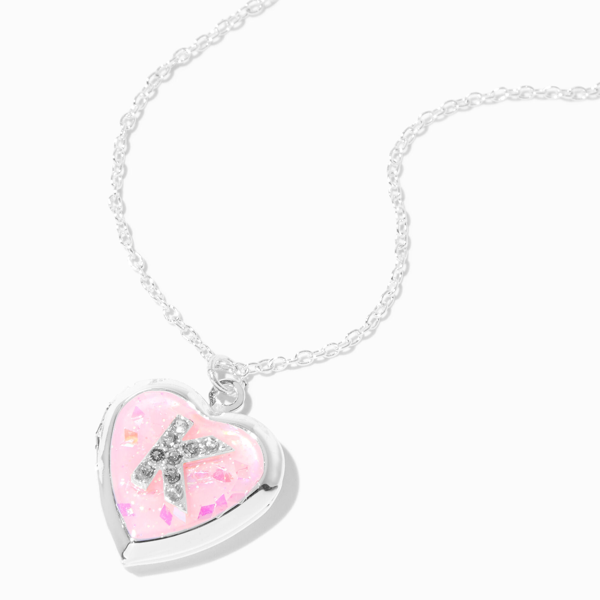 Claire's Embellished Initial Glitter Heart Locket Necklace - K | Pink
