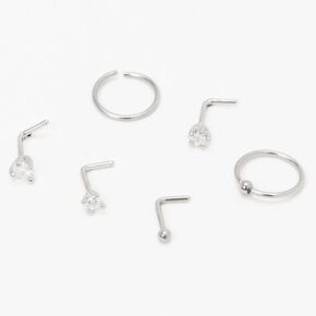 20G Silver-tone Stainless Steel Star Heart Mixed Nose Rings - 6 Pack,