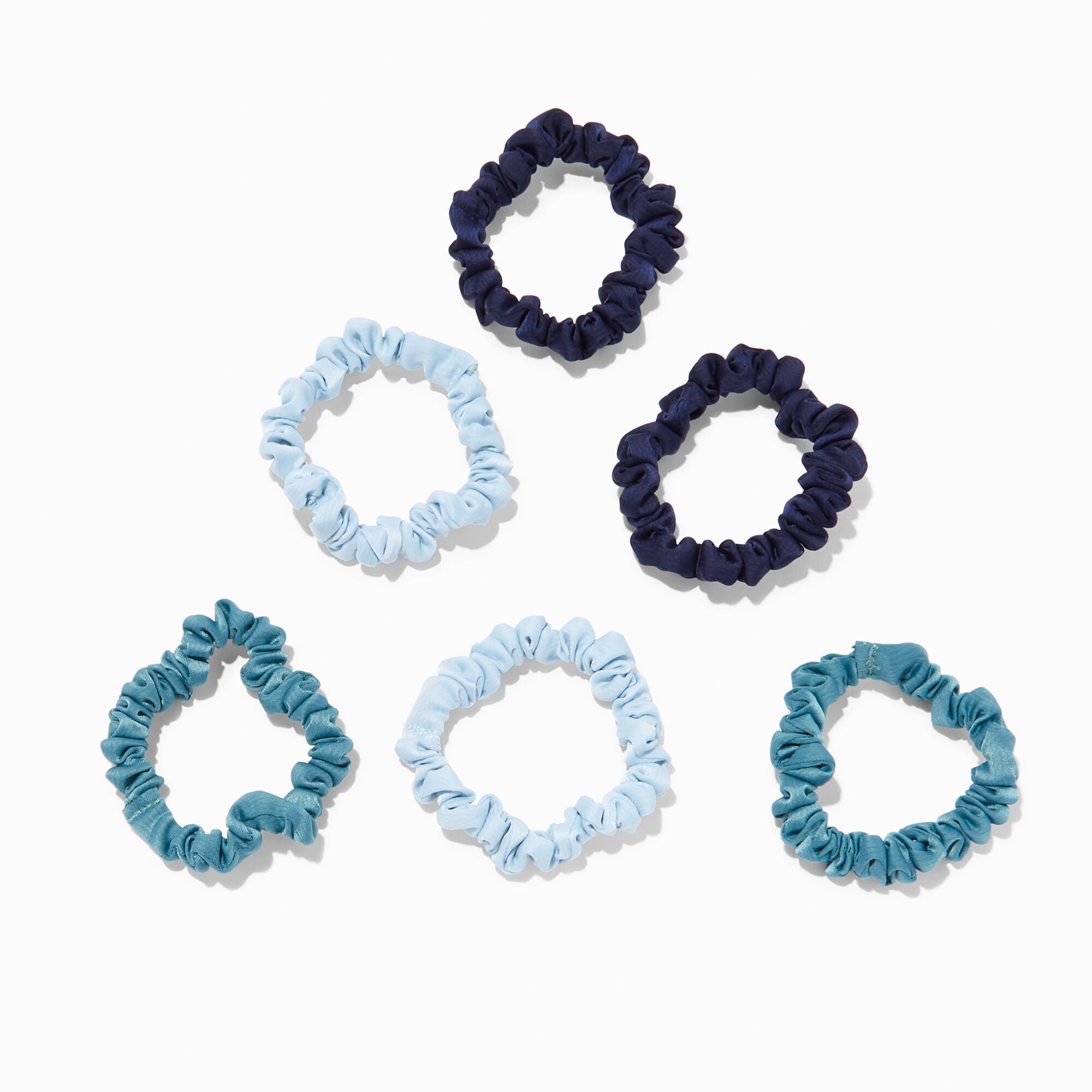 View Claires Shades Of Skinny Silky Hair Scrunchies 6 Pack Blue information