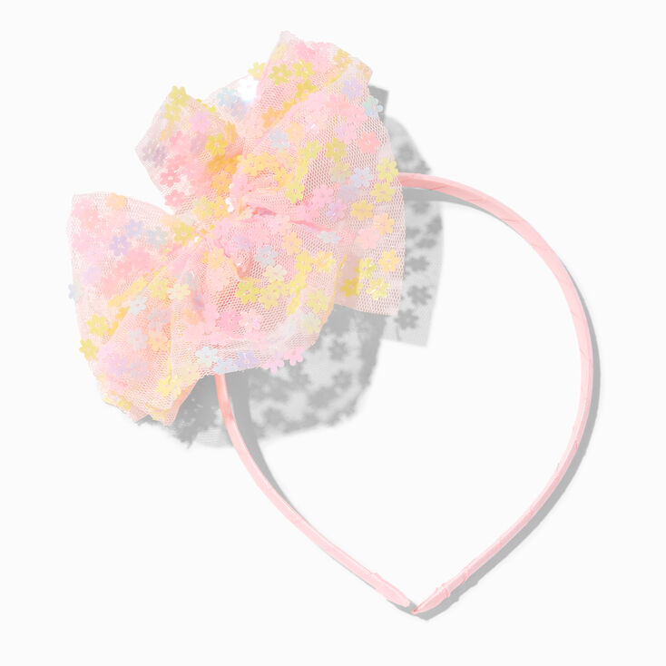 Claire&#39;s Club Pink Sequin Daisy Tulle Bow Headband,