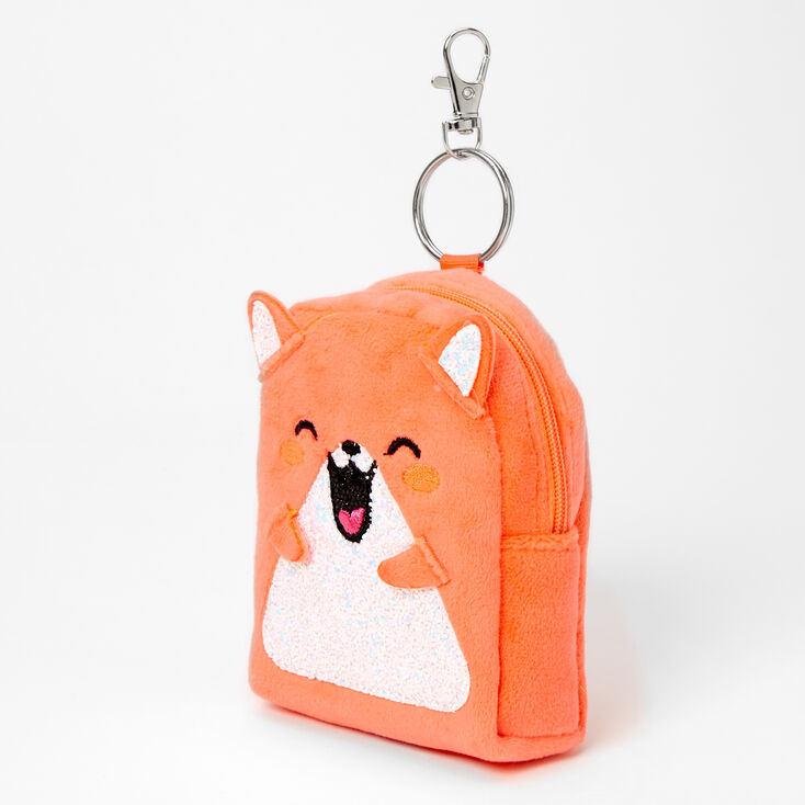 Porte-cl&eacute;s mini sac &agrave; dos hamster orange en fausse fourrure,