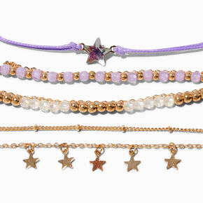 Bracelets tress&eacute;s violets et perl&eacute;s c&eacute;lestes couleur dor&eacute;e - Lot de 5,