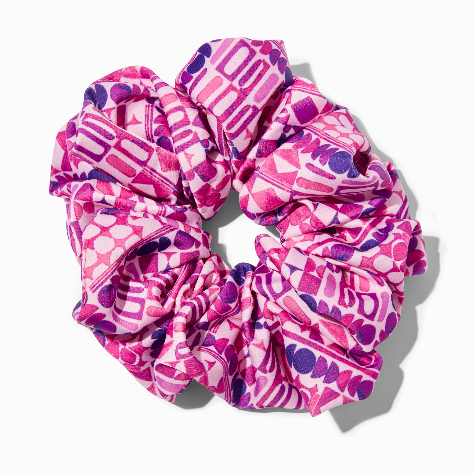 View Claires Giant Silky Geometric Print Hair Scrunchie Bracelet Purple information