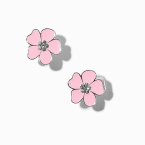 Pink Flower Clip-On Stud Earrings ,