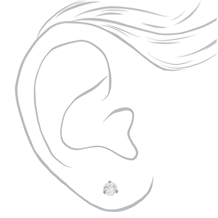 Silver Titanium Cubic Zirconia Round Stud Earrings - 7MM,