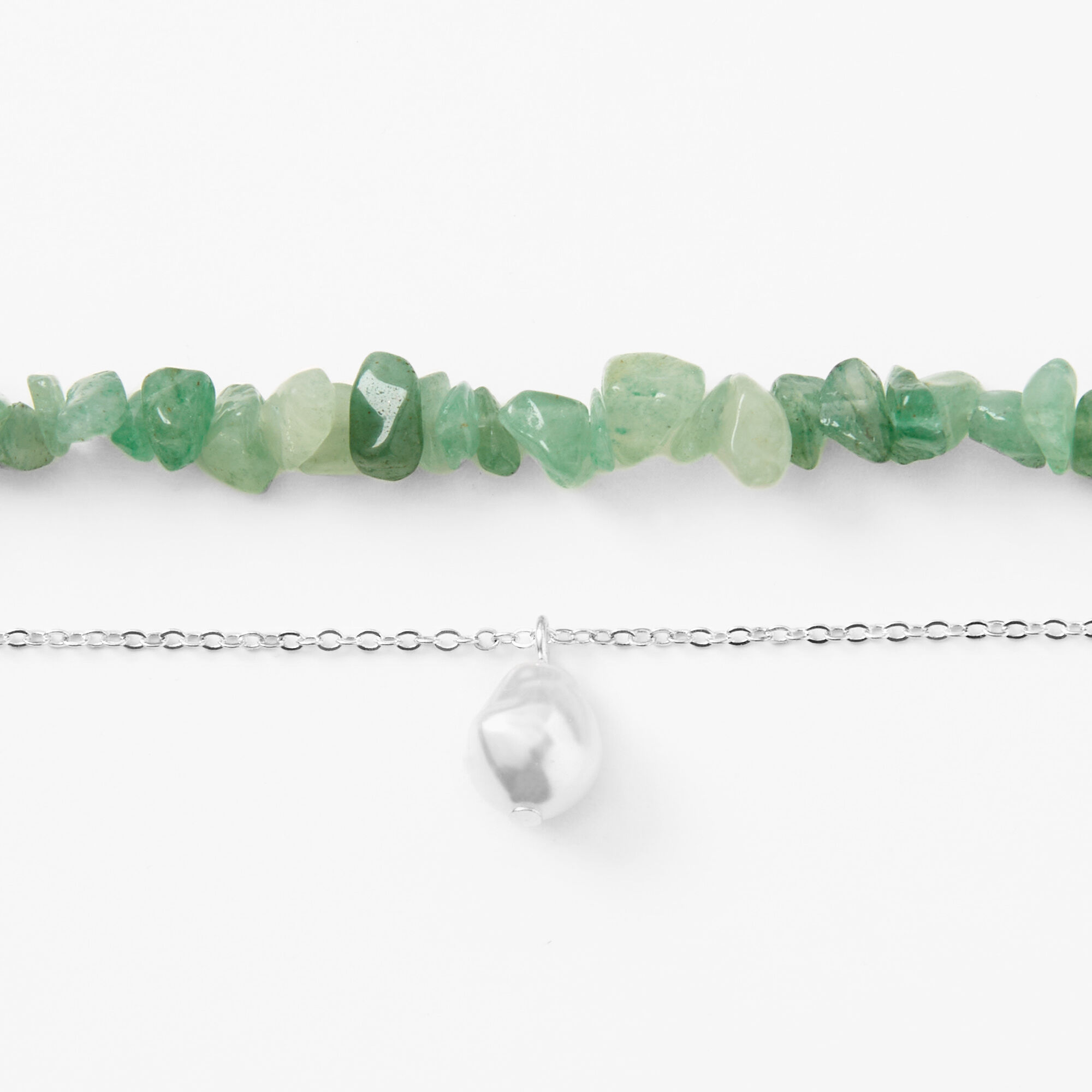 Silver Pearl & Green Stone Choker Necklaces - 2 Pack,