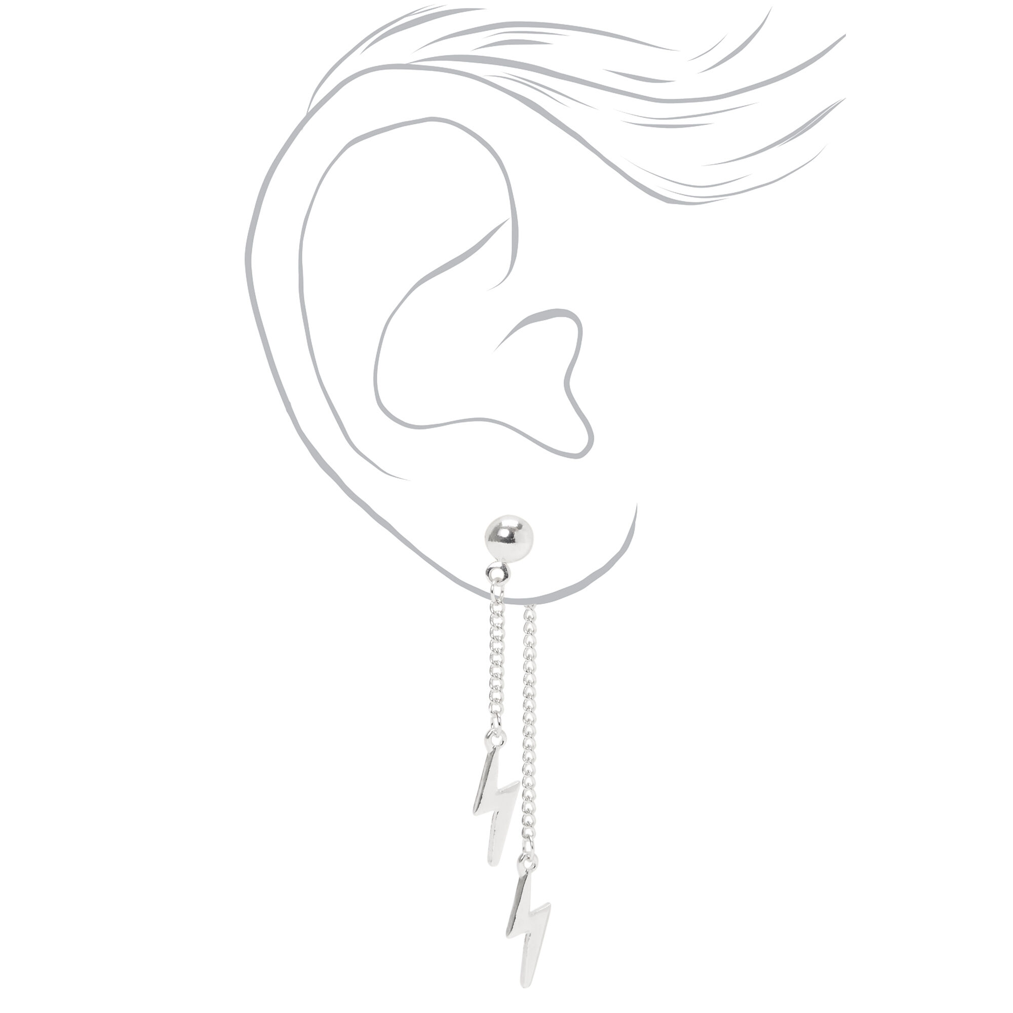 Silver 2" Double Lightning Bolt Linear Drop Earrings,