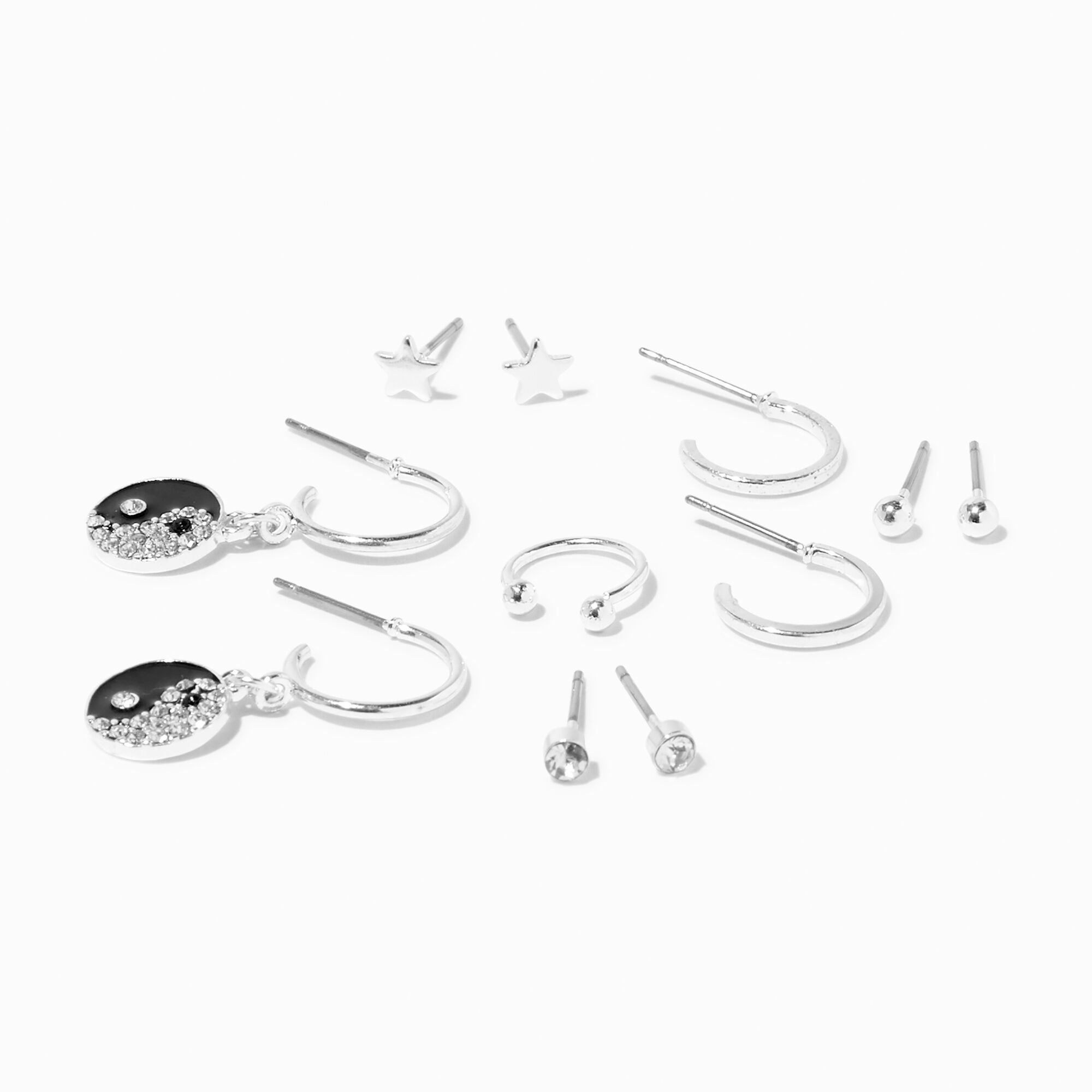 Claire's Lot de boucles et manchettes d'oreilles marguerite aux designs variés Yin Yang couleur argentée (lot de 6)
