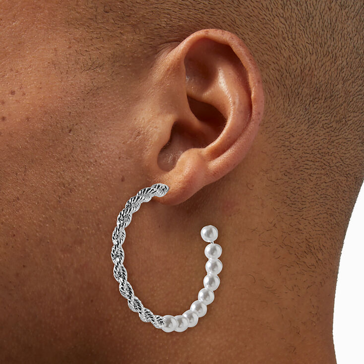 Silver-tone Twisted Pearl 50mm Hoop Earrings,