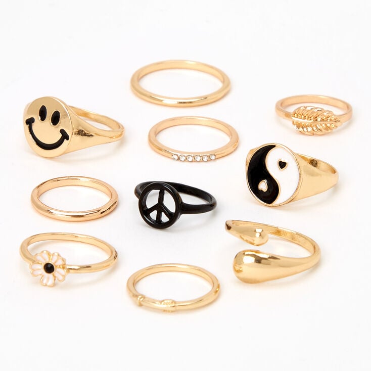 Gold &amp; Black Mix and Match Rings - 10 Pack,