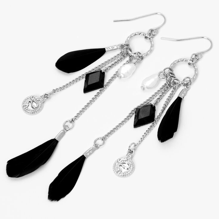 Silver Feather Drop Earrings - Black,