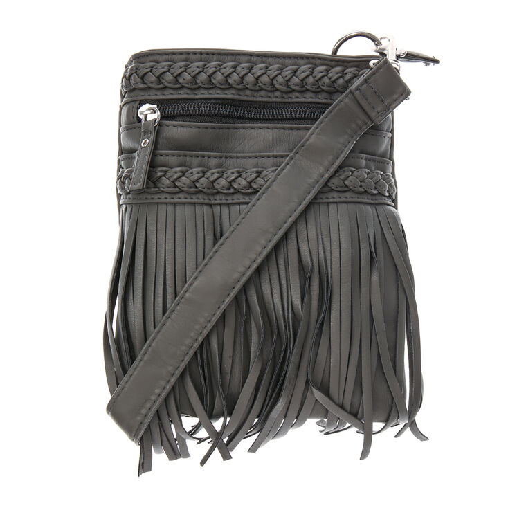 Black Fringe Faux Leather Cross body Bag | Claire&#39;s US