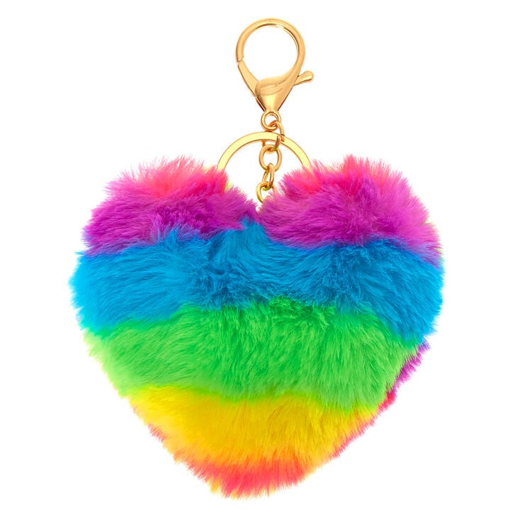 Porte-cl&eacute;s &agrave; pompons c&oelig;ur arc-en-ciel,