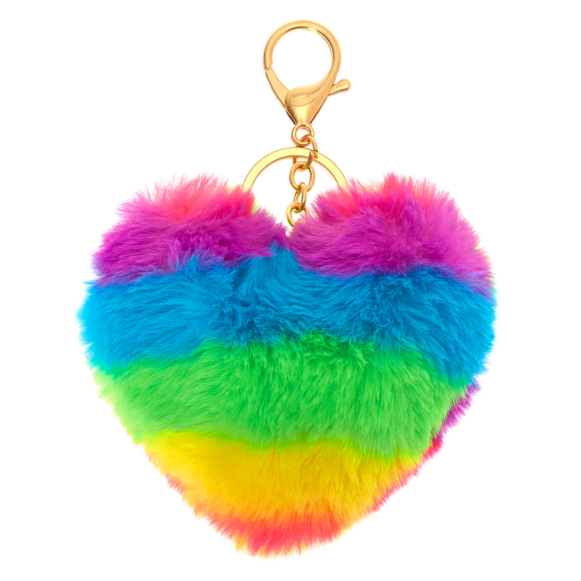 View Claires Rainbow Heart Pom Keychain Gold information