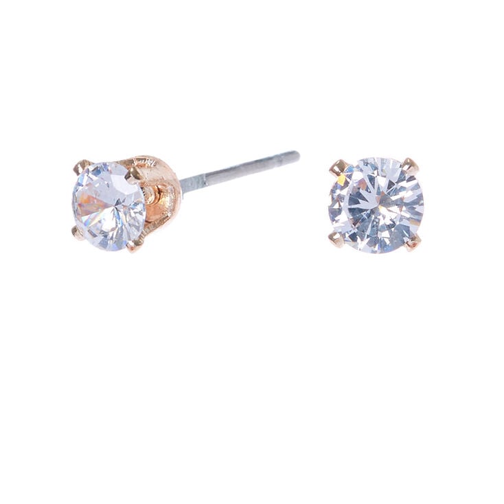 Rose Gold Cubic Zirconia Round Stud Earrings - 4MM,