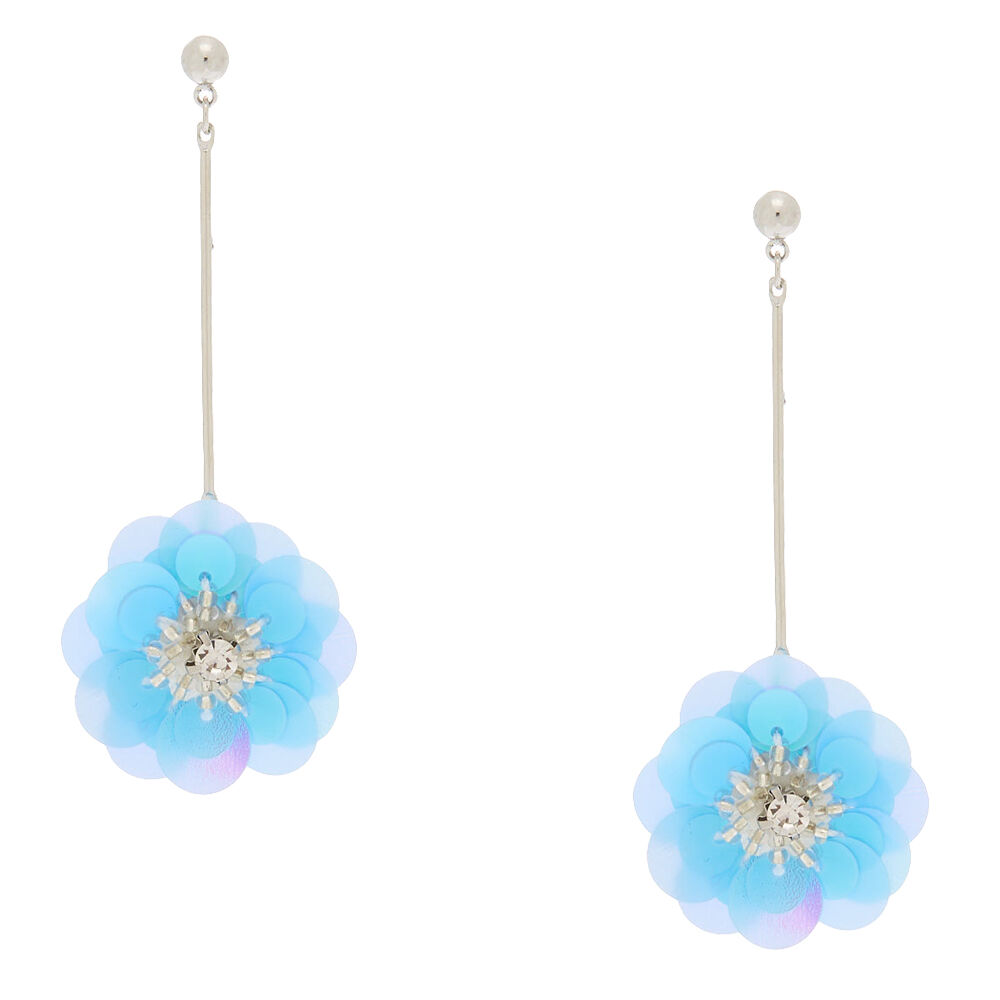 3" Holographic Flower Drop Earrings - Blue,