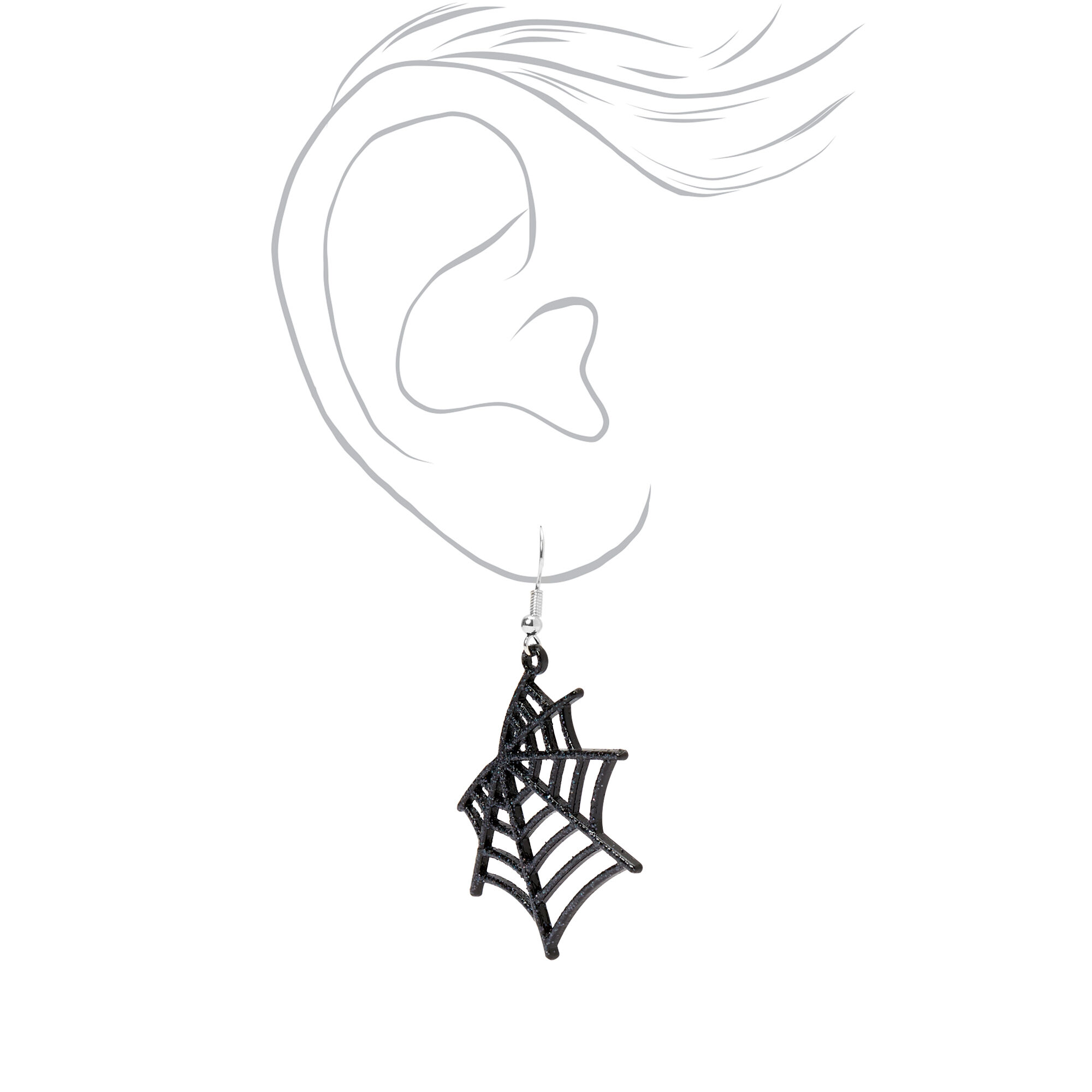 Silver 1.5" Glitter Spider Web Drop Earrings - Black,