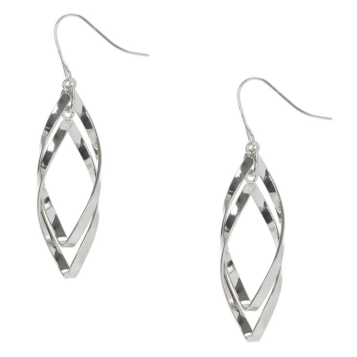 Silver 2&quot; Curved Double Ribbon Drop Earrings,