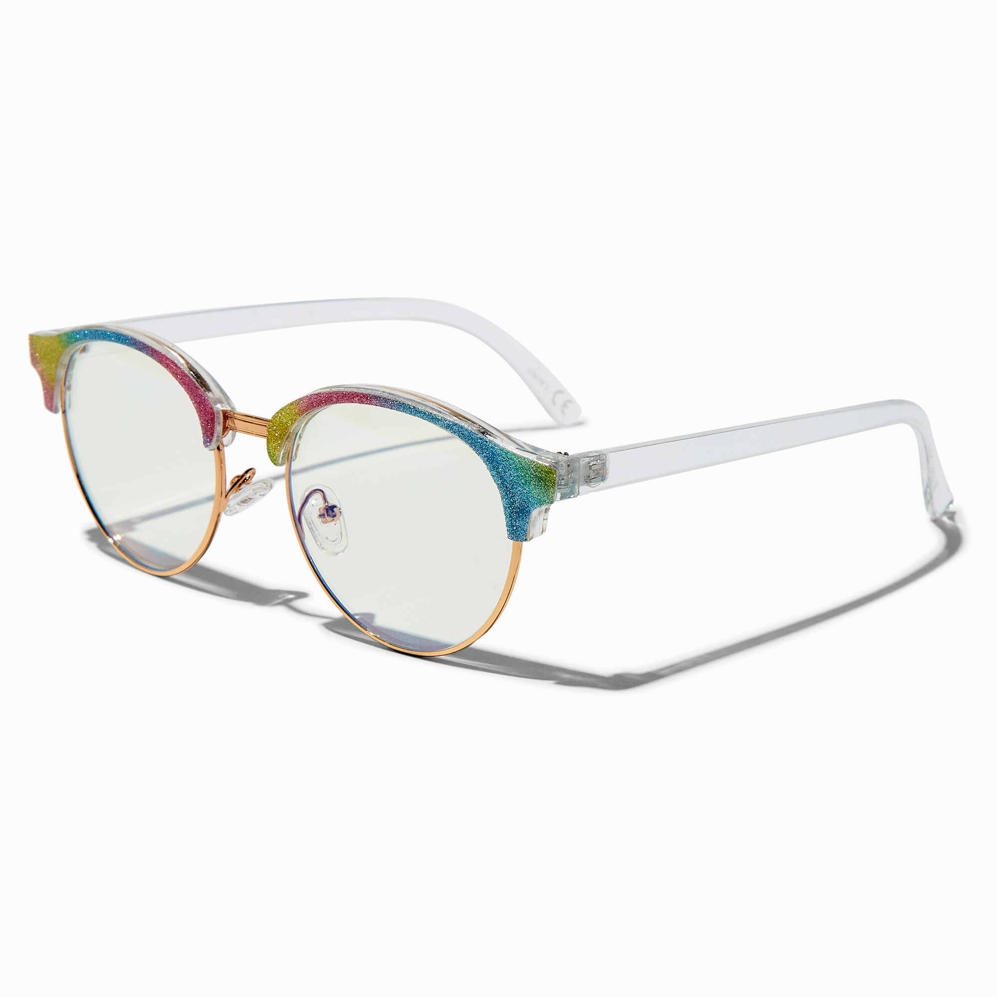 Claire's Lunettes à verres transparents ronds à paillettes arc-en-ciel avec réduction de la lumière bleue