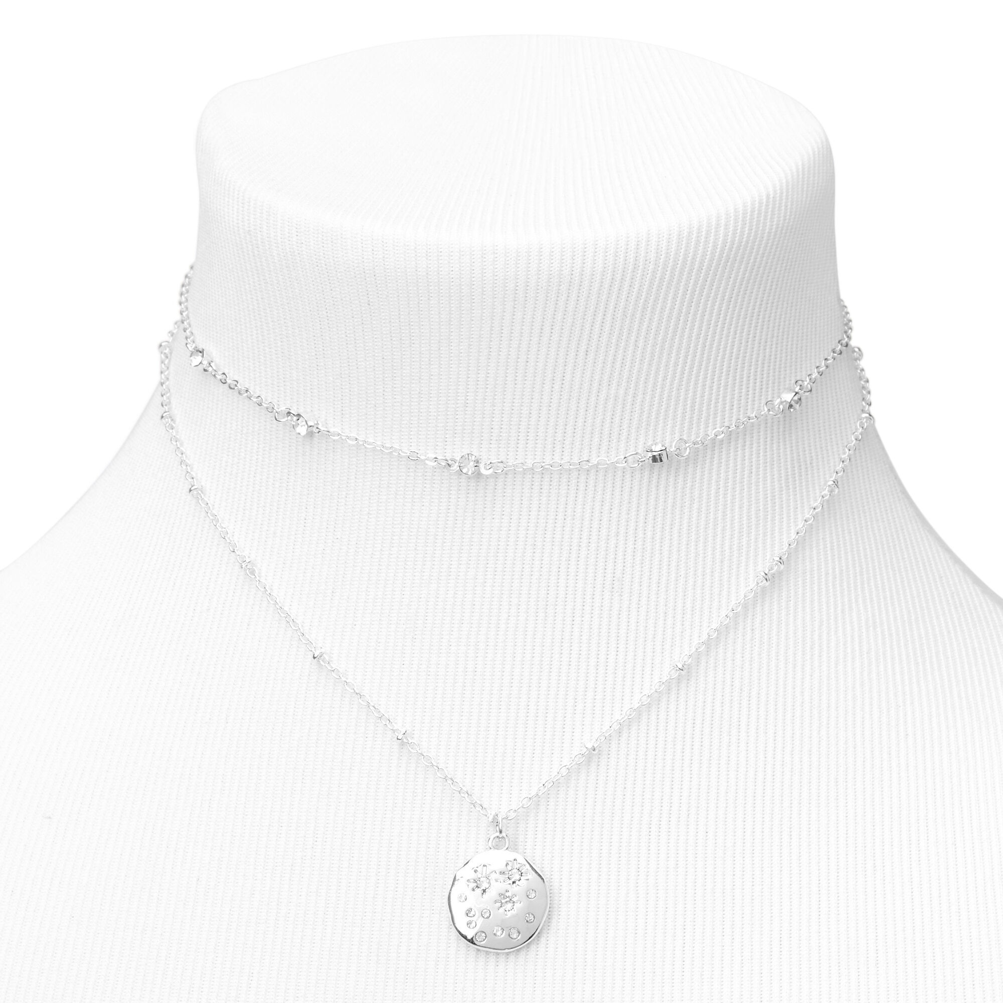 Silver Bezel Star Disc Pendant Multi Strand Necklace,