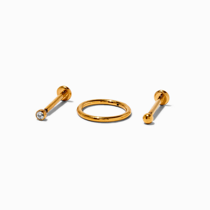 Gold-tone Titanium Cubic Zirconia Threadless 18G Cartilage Earrings - 3 Pack ,