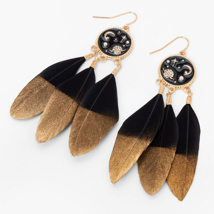 Gold 3.5&quot; Dipped Feather Celestial Drop Earrings - Black,