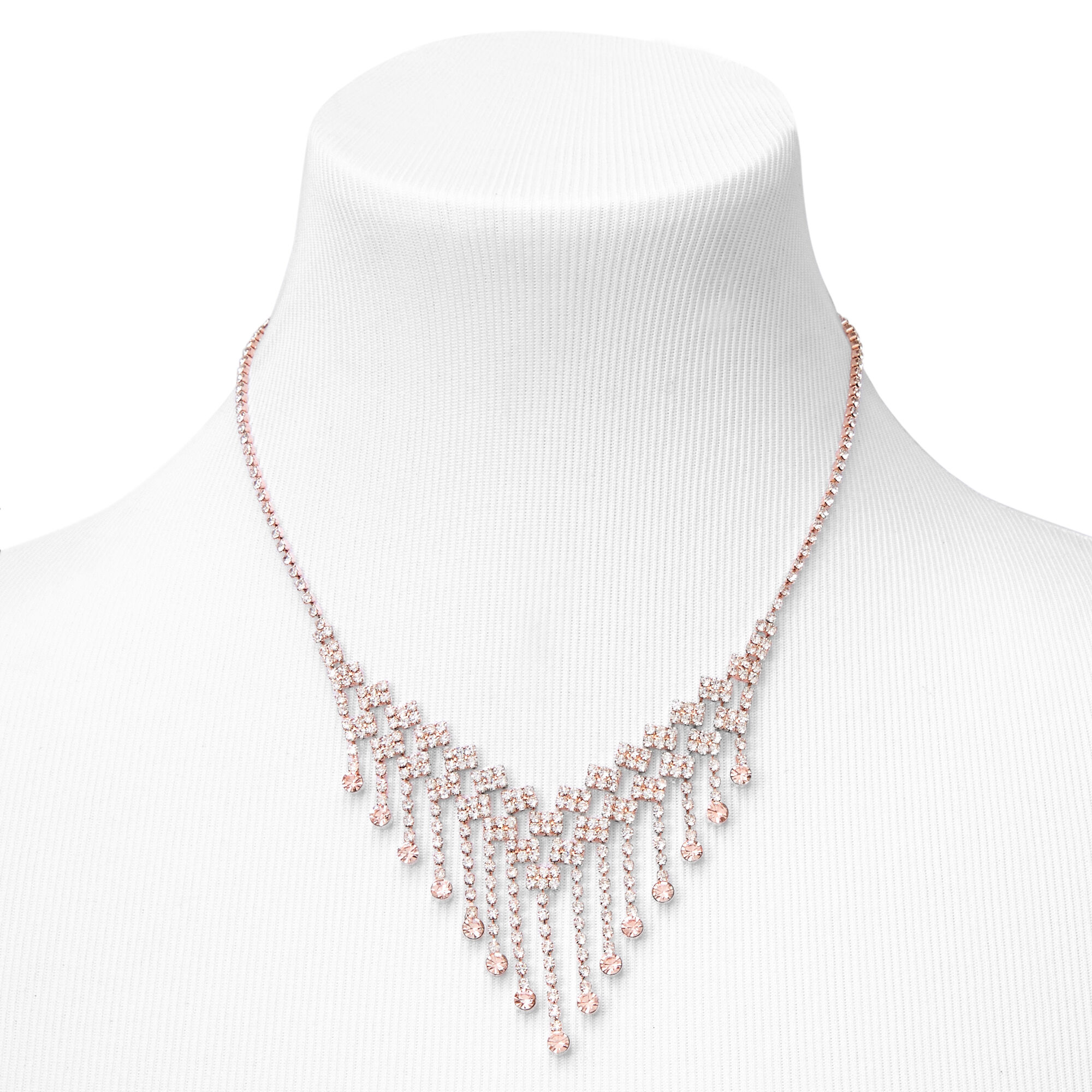 Rose Gold Crystal Waterfall 16" Necklace & 1" Drop Earrings Set - 2 Pack,