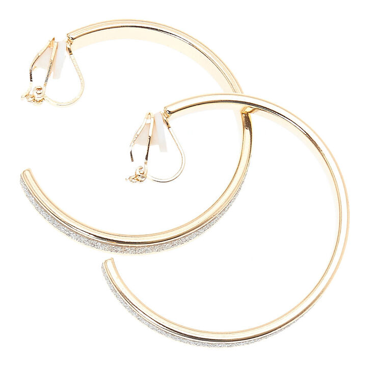 Gold 35MM Glitter Hoop Clip On Hoop Earrings - Silver,