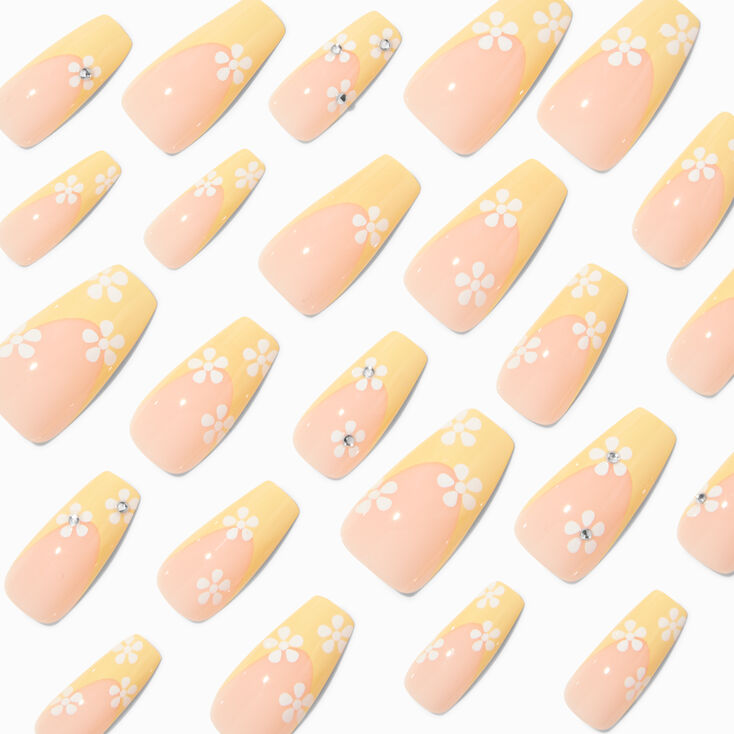 White Daisy Yellow French Tip Squareletto Vegan Faux Nail Set - 24 Pack,