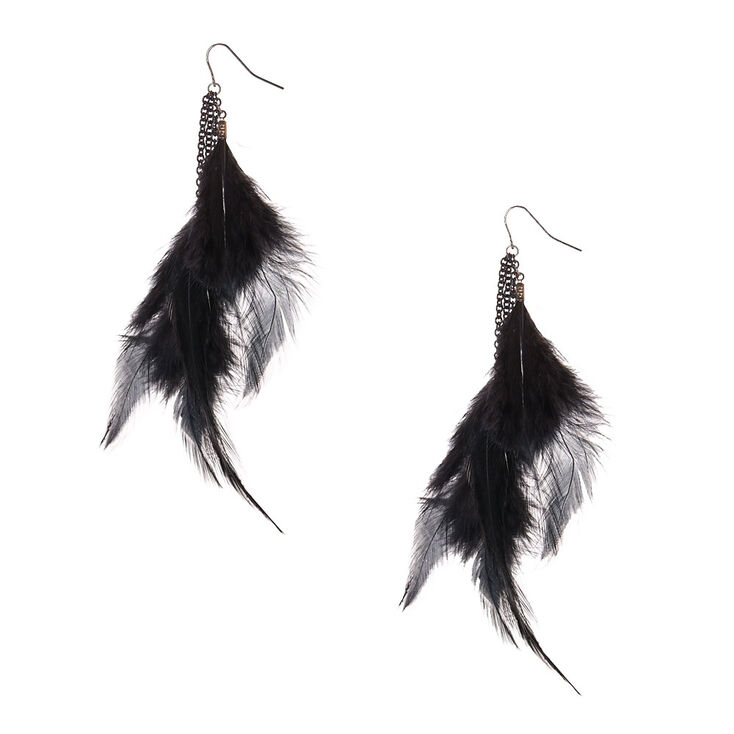 Hematite 5&quot; Feather Fringe Drop Earrings - Black,